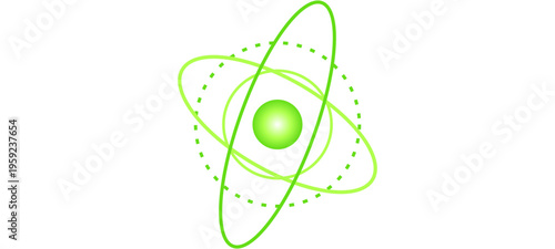 Green atom, neon science icon, glowing lime atomic symbol, vector energy model