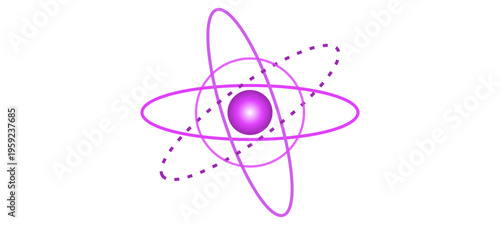 Purple atom, atomic structure, science illustration, educational vector