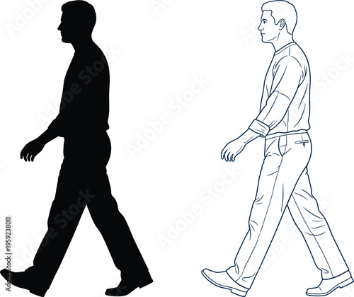 Side view walking man silhouette and outline vector illustration showing male casual stride motion isolated on clean background design minimal