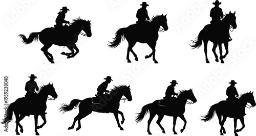 Silhouette cowboy riding horse set dynamic western ranch scenes isolated black vector illustration collection galloping trotting equestrian action poses bundle