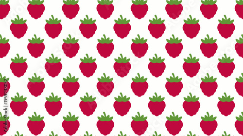 A seamless repeating pattern of stylized red strawberries with green leaves on a clean white background, creating a cheerful and fresh design.