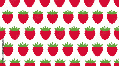 A vibrant and repetitive pattern featuring numerous stylized red strawberries with green leaves arranged neatly on a clean white background, creating a cheerful fruit motif.