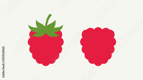Two simple flat illustration icons of red raspberries, one with a green stem and leaves, and the other without, on a light background.