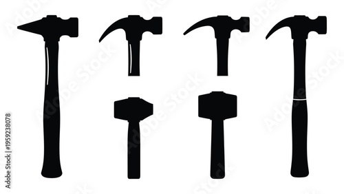 Silhouettes of various hammer types on a white background