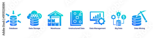 Data Management web banner icon vector illustration with Database,Data Storage,Warehouse,Unstructured Data,Data Management,Big Data,and Data Mining