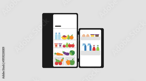 An open black refrigerator filled with fresh food, vegetables, fruits, and drinks, illustrating home kitchen appliance and healthy eating.
