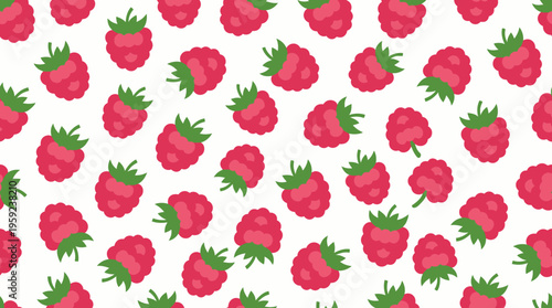 A seamless pattern of cartoon raspberries scattered on a white background, featuring vibrant red berries with green leaves, perfect for design.