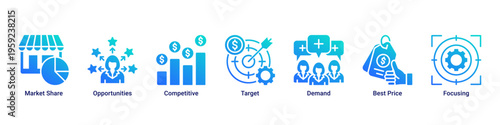Market Intelligence web banner icon vector illustration with Market Share,Opportunities,Competitive,Target,Demand,Best Price,and Focusing
