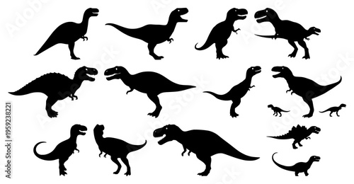 Dinosaur T-Rex silhouette set with simple line art design featuring sketches, drawings, vector graphics with minimalist and simple illustrations