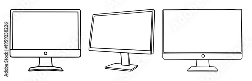 Desktop monitor set with sleek curved profile featuring black and silver, modern, office design, flat screen, HD display with technology and graphics