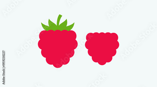 Two stylized red raspberries, one whole with green leaves and stem, the other a half-cut fruit, on a plain white background.