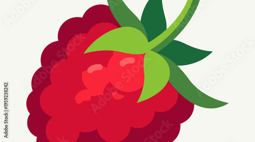 Vibrant flat design illustration of a single red raspberry with green stem and leaves on a clean white background.