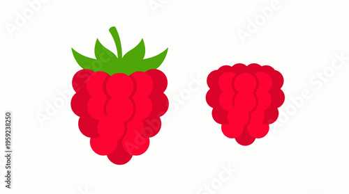 Two vibrant red raspberries, one with a green stem and leaves, depicted in a simple, flat graphic style on a white background.