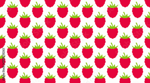 A vibrant and repetitive pattern featuring numerous bright red raspberries with green stems arranged neatly on a clean white background.