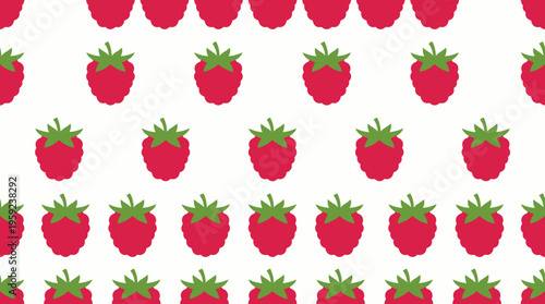 Repeating pattern of red raspberries with green leaves on a white background in a simple graphic style.
