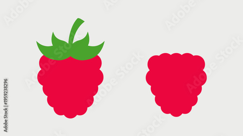 Two stylized red raspberries, one whole with green leaves and one without, depicted in a flat vector art style on a light background.