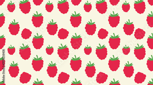 Seamless pattern of vibrant red raspberries with green leaves on a light background, featuring a mix of sizes for a playful and fresh design.