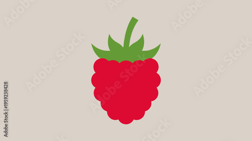 A simple, flat design illustration of a vibrant red raspberry with green leaves and stem, centered on a light, neutral background.
