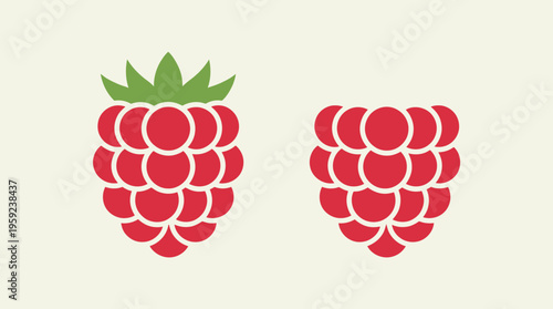Minimalist vector illustration of two red raspberries, one with green leaves and one without, on a light background.