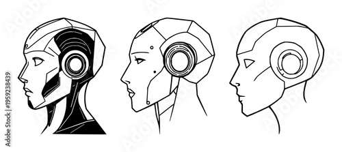 Geometric AI humanoid head set with minimalist tech profile and clean lines featuring futuristic, vector, iconography with white background and stylized silhouette