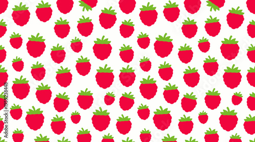A seamless pattern of vibrant red strawberries with green leaves scattered on a clean white background, creating a cheerful and fresh design.