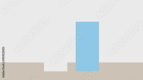 Minimalist graphic featuring a tall blue bar next to a shorter white step on a beige ground with a light grey background.
