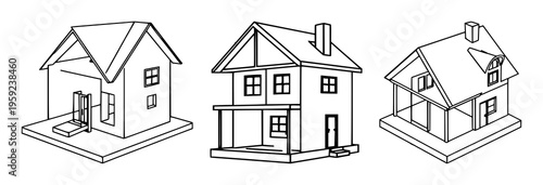 House icon set with geometric 3D-printed model design featuring construction, tech, vector graphics with consistent stroke width and white background