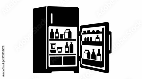 Black silhouette of an open refrigerator filled with various food and drink items.