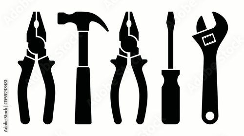 Silhouettes of essential hand tools including pliers, hammer, screwdriver, and adjustable wrench, useful for various repair and construction tasks.