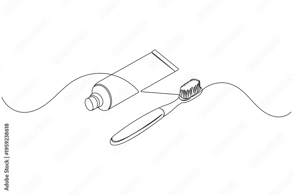 Obraz premium Toothbrush and toothpaste tube continuous one line art drawing on white background