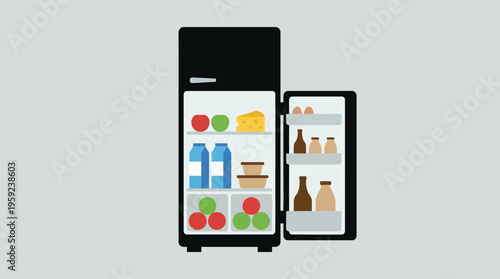 Flat vector illustration of an open black refrigerator filled with fresh food items and drinks.