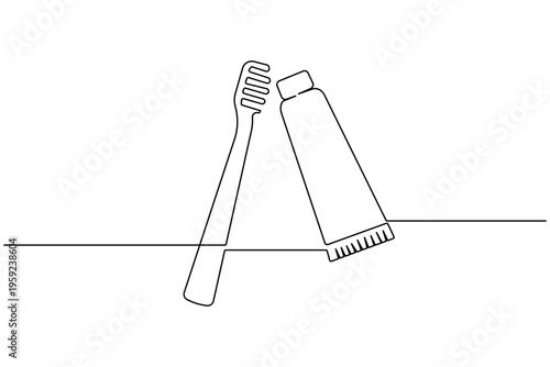 Toothbrush and toothpaste tube continuous one line art drawing on white background