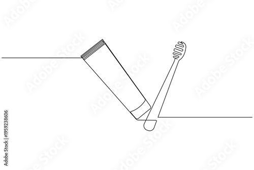 Toothbrush and toothpaste tube continuous one line art drawing on white background