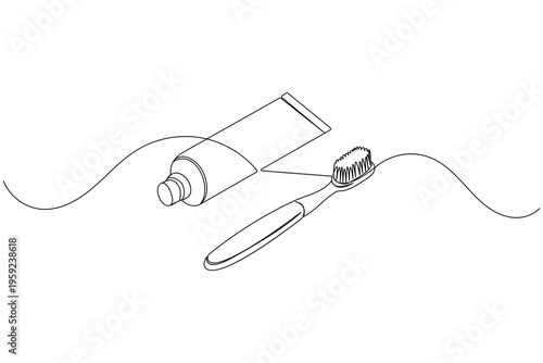 Toothbrush and toothpaste tube continuous one line art drawing on white background