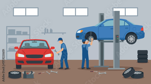 Two mechanics working diligently on cars in a busy auto repair garage, performing maintenance and tire changes.