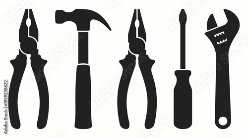 Silhouettes of various hand tools including pliers, hammer, screwdriver, and wrench arranged in a row on a white background.