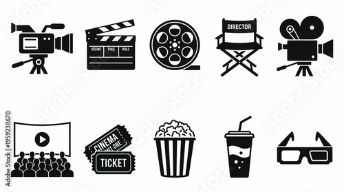 Movie Cinema Film Industry Vector Icons Set – Tickets, Popcorn, Theater Screen, Clapperboard, Film Reel, Camera, Director Chair, Megaphone, Film Strip, 3D Glasses Symbols