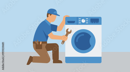 A male technician in a blue uniform and cap kneels next to a white and blue washing machine, holding a wrench, performing repair or maintenance work.