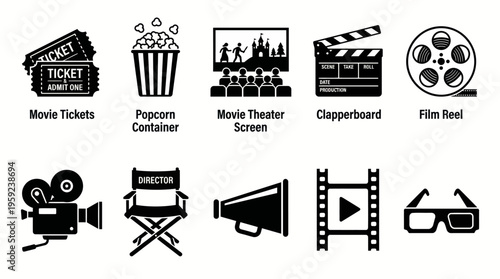Movie Cinema Film Industry Vector Icons Set – Tickets, Popcorn, Theater Screen, Clapperboard, Film Reel, Camera, Director Chair, Megaphone, Film Strip, 3D Glasses Symbols