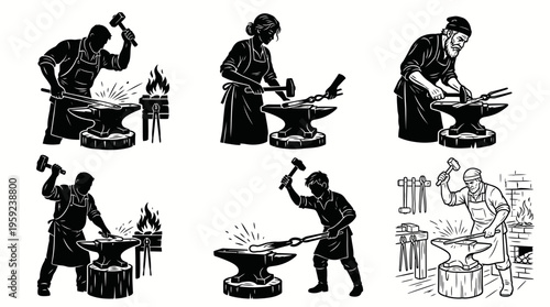 Blacksmith Forging Metal Vector Illustrations – Anvil, Hammer, Sparks, Fire, Workshop Tools, Traditional Craftsmanship, Metalworking Scenes, Artisan Labor, Heat, Tongs, Craft Symbols for Industrial De