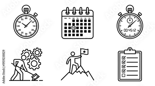 Time Management Productivity Vector Icons Set – Stopwatch, Calendar, Checklist, Gear Mechanism, Achievement Flag, Organization Symbols for Task Completion, Success, Efficiency, and Goal Setting Design
