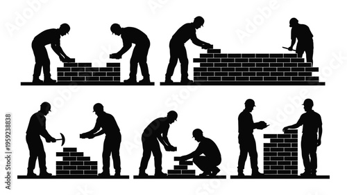 Construction workers building a brick wall with various techniques and tools