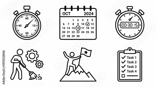 Time Management Productivity Vector Icons Set – Stopwatch, Calendar, Checklist, Gear Mechanism, Achievement Flag, Organization Symbols for Task Completion, Success, Efficiency, and Goal Setting Design