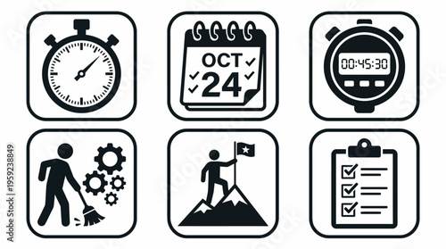 Time Management Productivity Vector Icons Set – Stopwatch, Calendar, Checklist, Gear Mechanism, Achievement Flag, Organization Symbols for Task Completion, Success, Efficiency, and Goal Setting Design