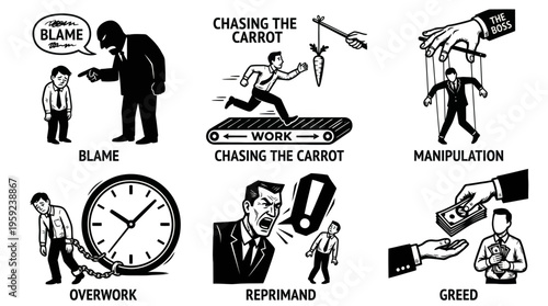 Corporate Workplace Dynamics Vector Illustrations – Blame, Chase, Manipulation, Overwork, Authority, Compensation, Stress, Power Imbalance, Office Culture, Symbolic Scenes for Business, Management