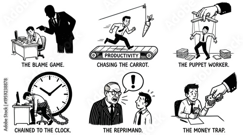 Corporate Workplace Dynamics Vector Illustrations – Blame, Chase, Manipulation, Overwork, Authority, Compensation, Stress, Power Imbalance, Office Culture, Symbolic Scenes for Business, Management