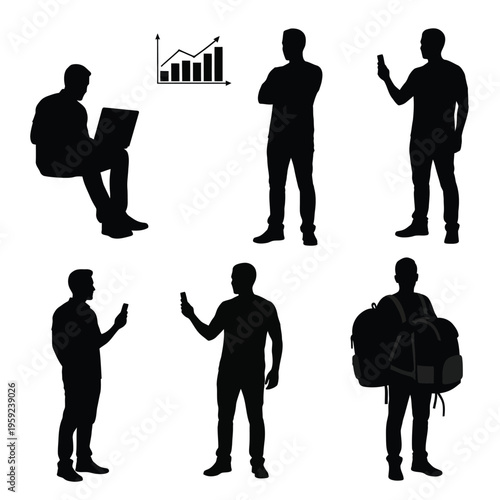 Casual male silhouettes standing and sitting using mobile devices and carrying backpack set