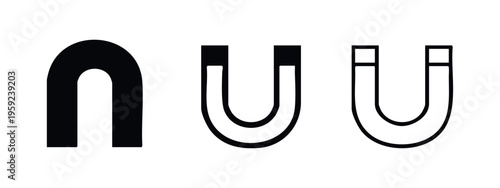 Horseshoe magnet icons in three styles: filled, outlined, and thin line for science and physics concepts