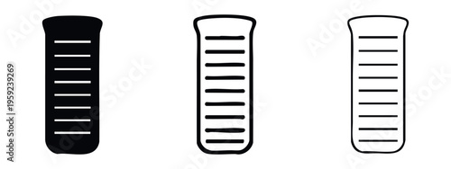 Test tube icon set with clear measurement markings, rendered in solid, outlined, and linear styles, ideal for science.