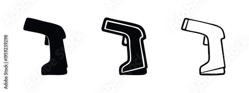 Handheld barcode scanner device icon set in solid, outlined, and linear styles, representing modern data capture.